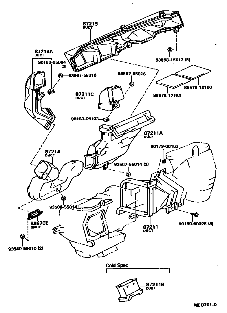 Toyota COROLLA 暖风和空调系统 - 控制器和风管 EPC diagram — MED201D