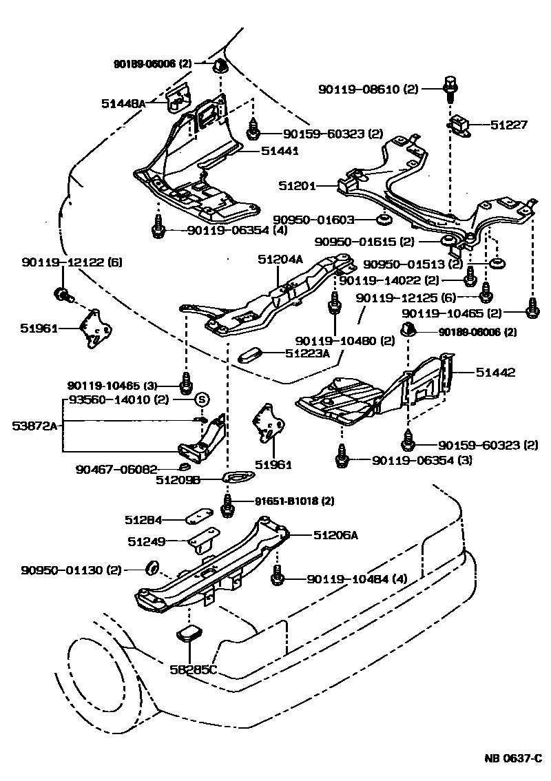Toyota COROLLA 悬架横梁和发动机底罩 EPC diagram — NB0637C