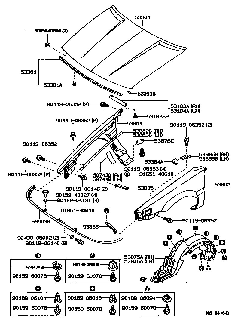 Toyota COROLLA 发动机盖和前翼子板 EPC diagram — NB0418D