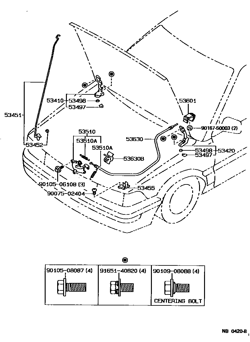 Toyota COROLLA 发动机盖锁和铰链 EPC diagram — NB0420B