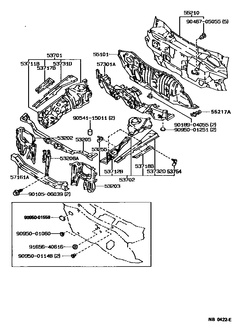 Toyota COROLLA 前翼子板挡泥板和前围板 EPC diagram — NB0422E