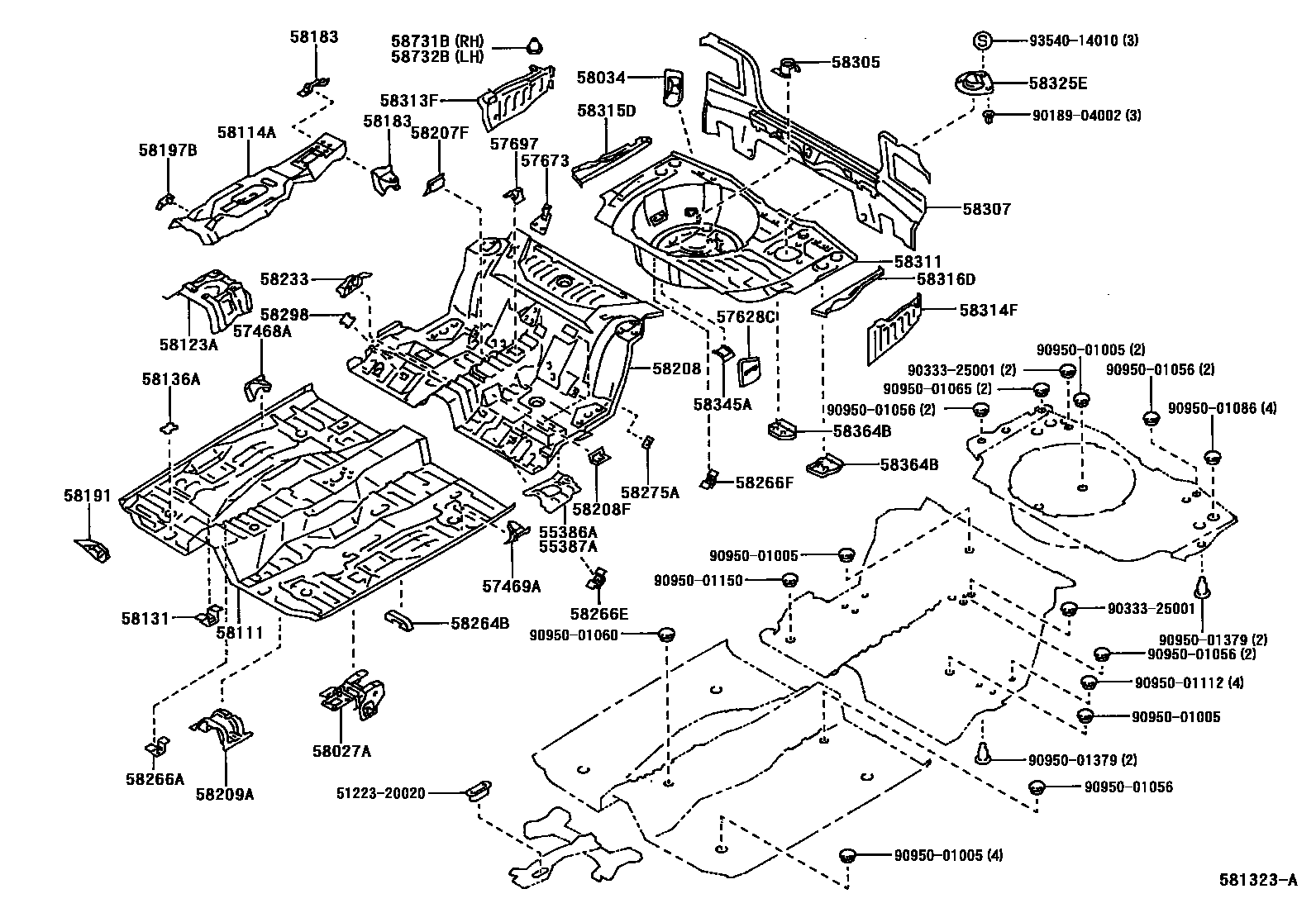 Toyota COROLLA 浅盘形地板和车身下背板 EPC diagram — 581323A