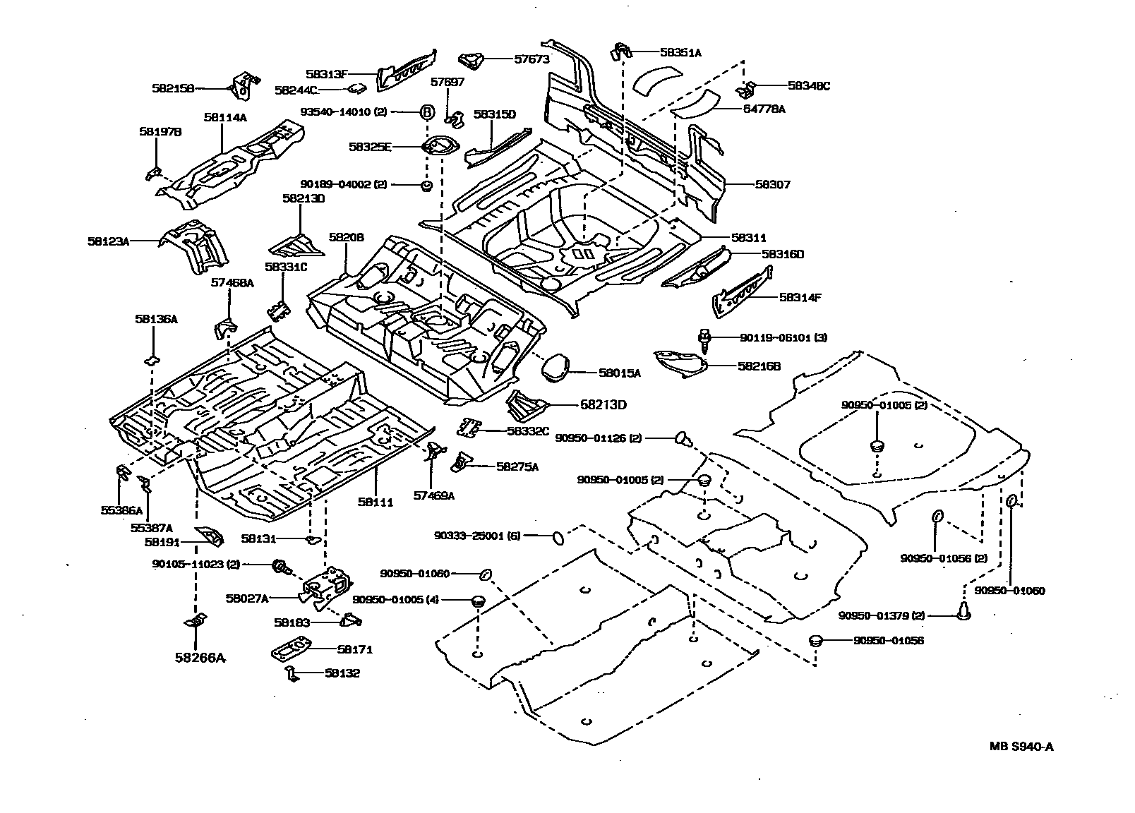Toyota COROLLA 浅盘形地板和车身下背板 EPC diagram — MBS940A