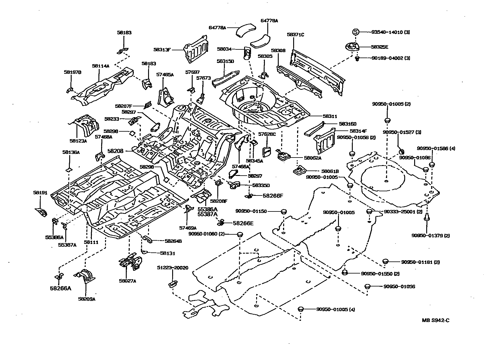 Toyota COROLLA 浅盘形地板和车身下背板 EPC diagram — MBS942C