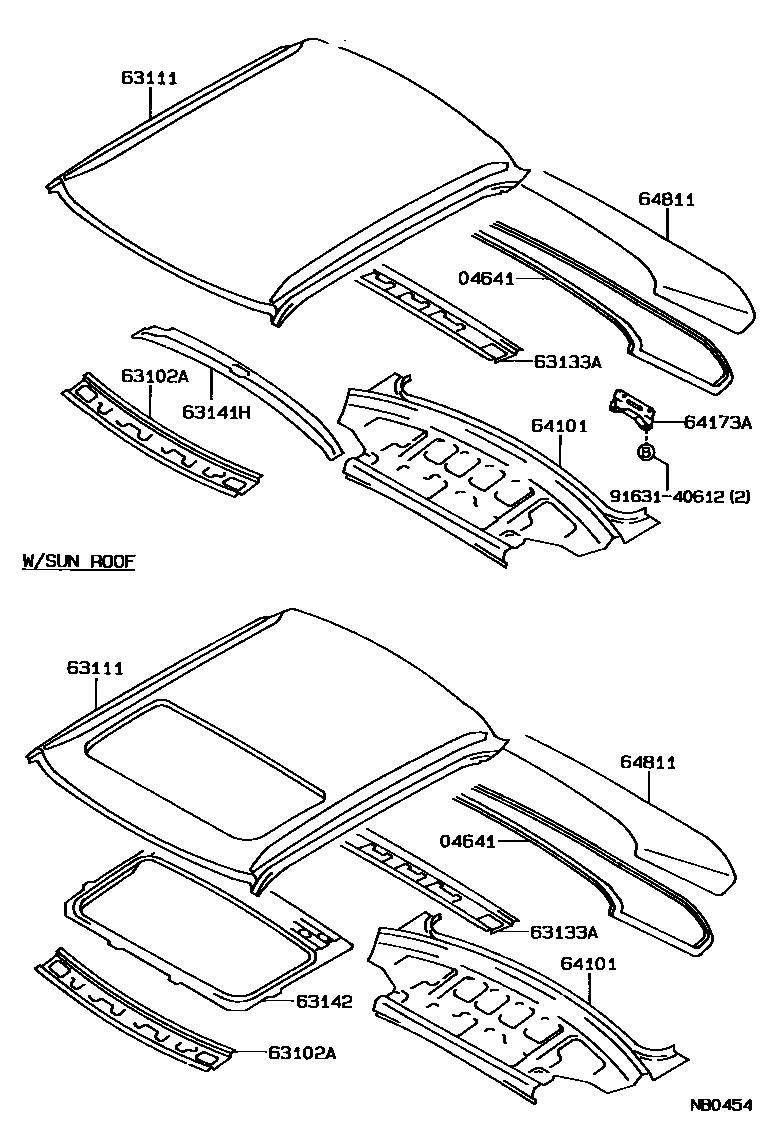 Toyota COROLLA 天窗板和背窗玻璃 EPC diagram — NB0454