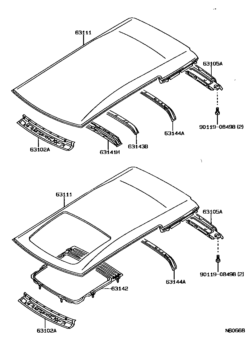 Toyota COROLLA 天窗板和背窗玻璃 EPC diagram — NB0668
