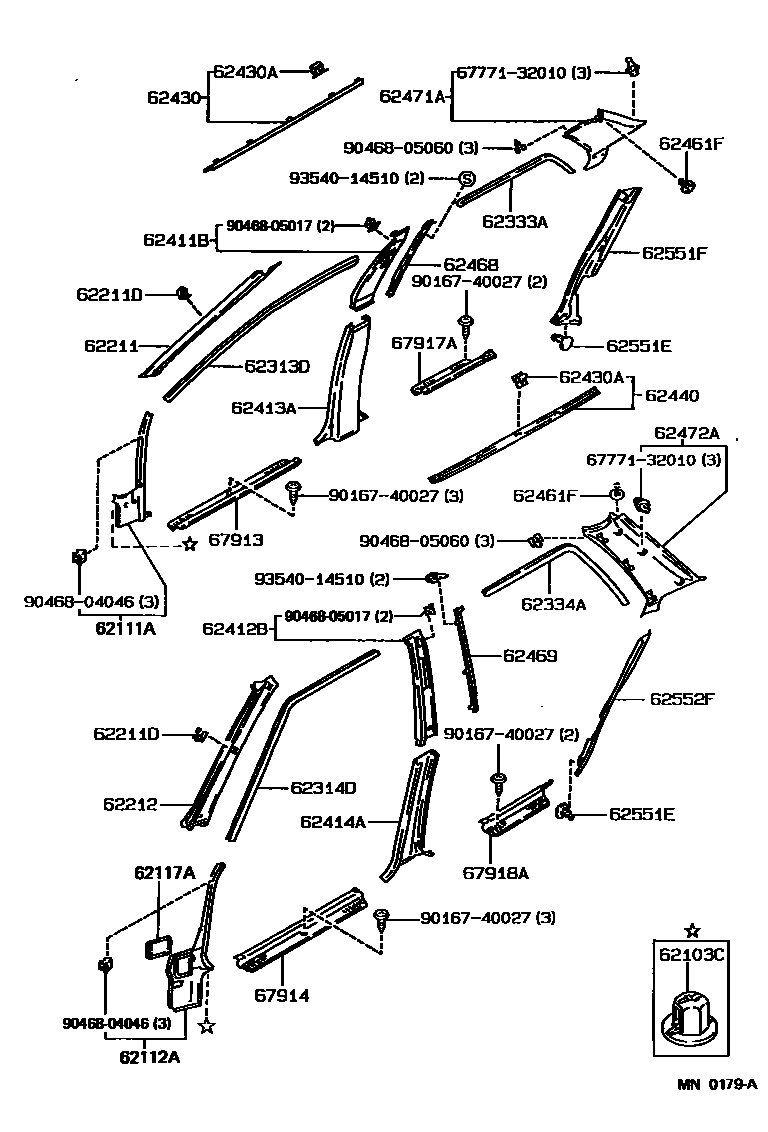 Toyota COROLLA 内饰板和车门防水胶条 EPC diagram — MN0179A