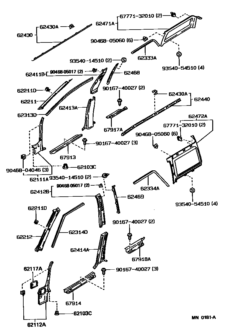 Toyota COROLLA 内饰板和车门防水胶条 EPC diagram — MN0181A