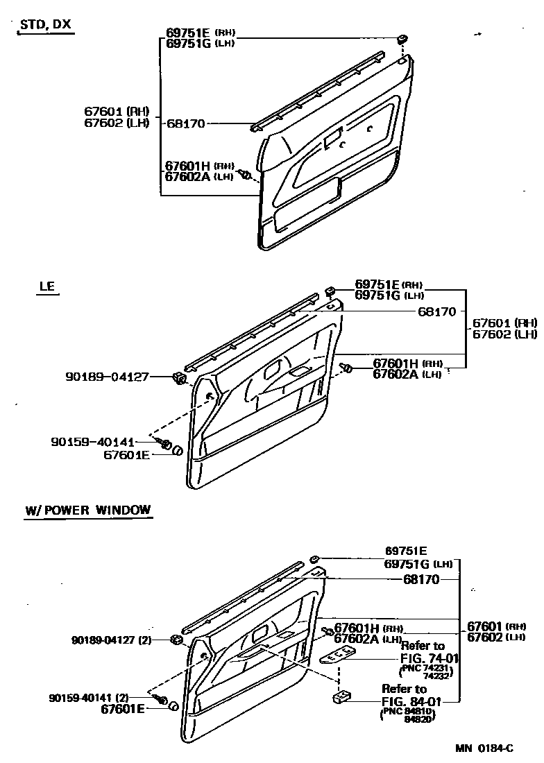 Toyota COROLLA 前门板和前门玻璃 EPC diagram — MN0184C