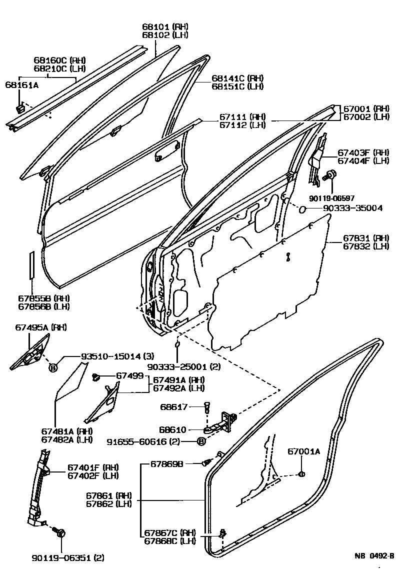 Toyota COROLLA 前门板和前门玻璃 EPC diagram — NB0492B