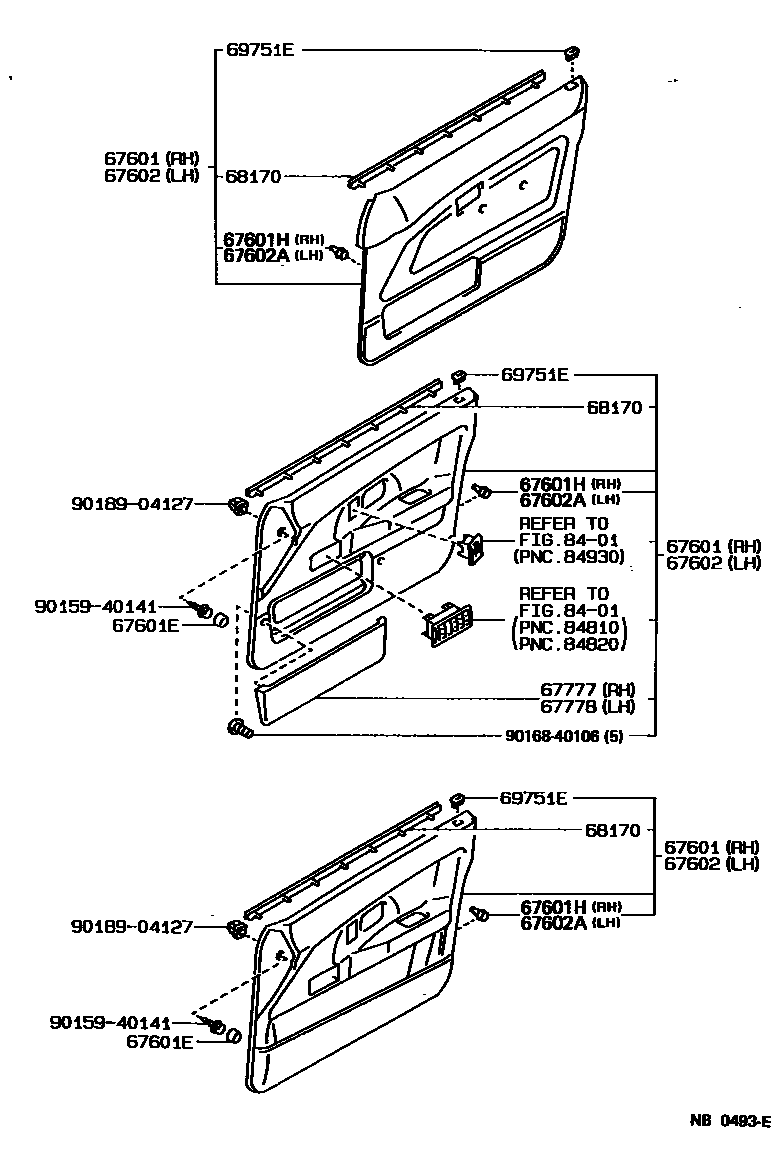 Toyota COROLLA 前门板和前门玻璃 EPC diagram — NB0493E