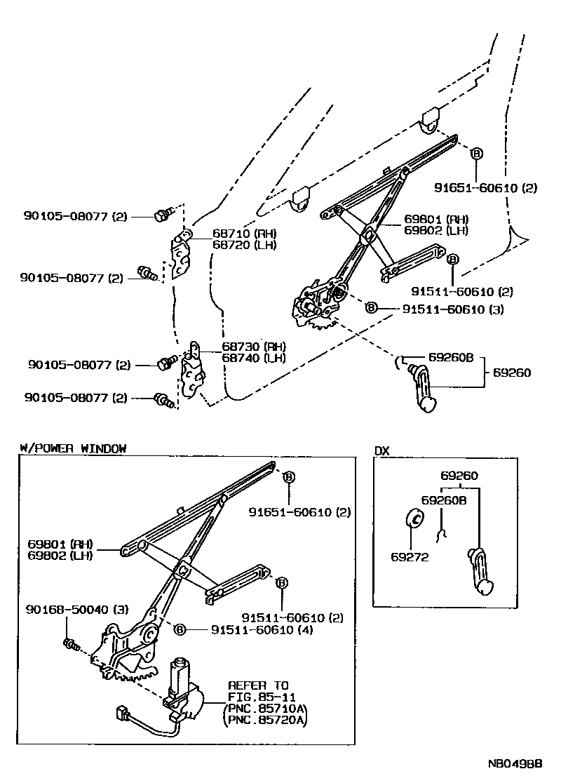 Toyota COROLLA 前门车窗升降器和合页 EPC diagram — NB0498B