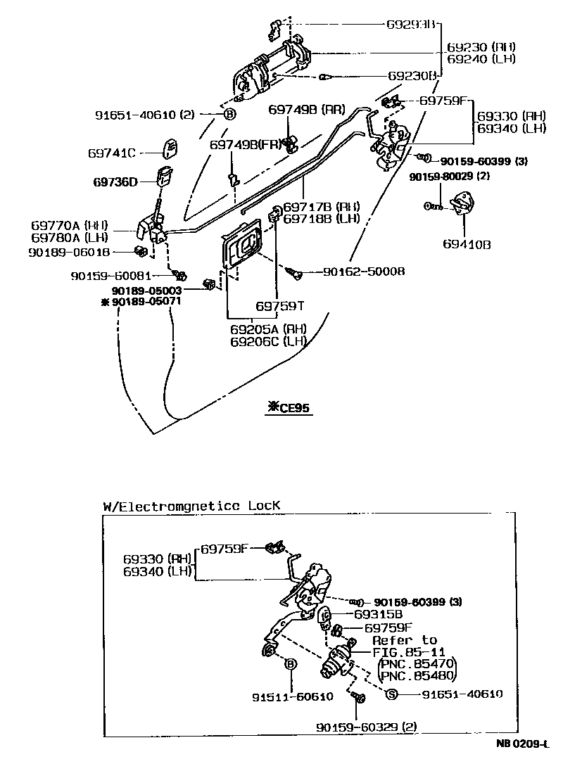 Toyota COROLLA 后门锁和后门把手 EPC diagram — NB0209L