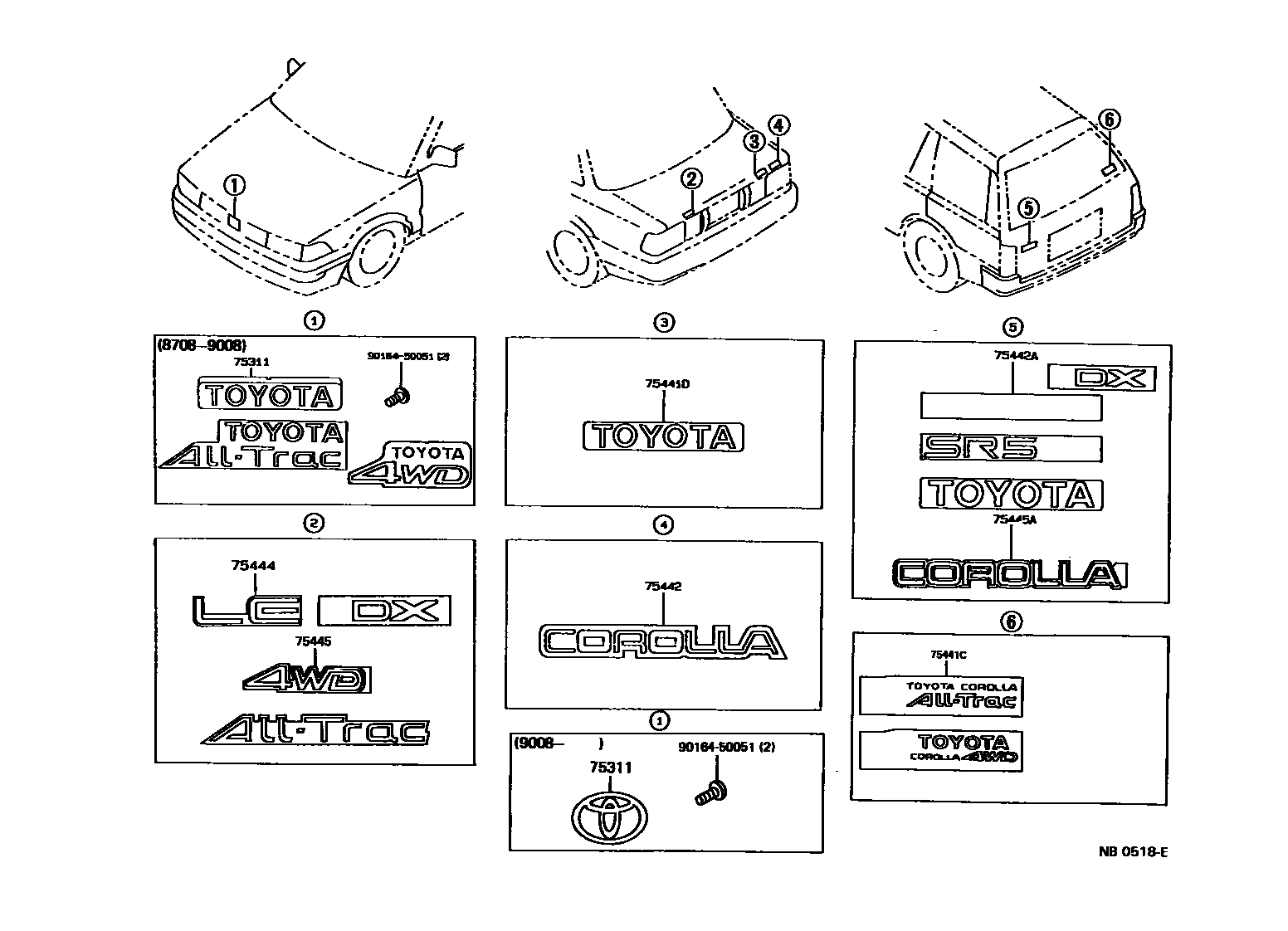 Toyota COROLLA 丰田徽标和铭牌(车外和车内) EPC diagram — NB0518E