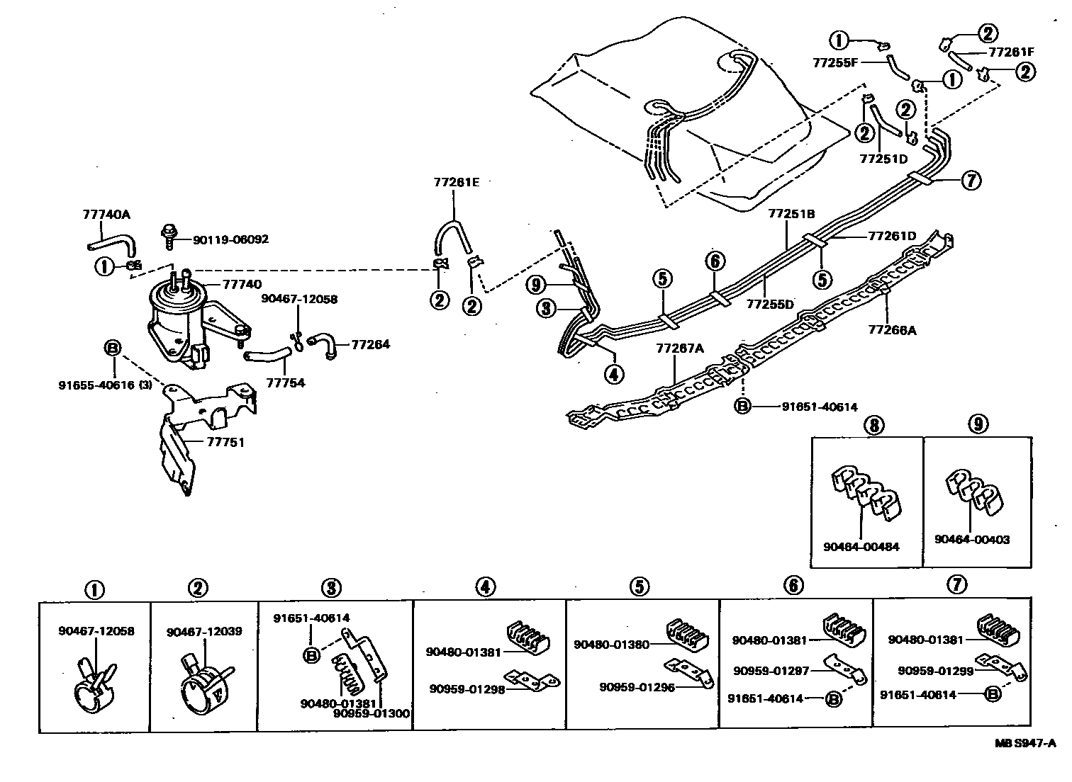 Toyota COROLLA 燃油箱和燃油管 EPC diagram — MBS947A