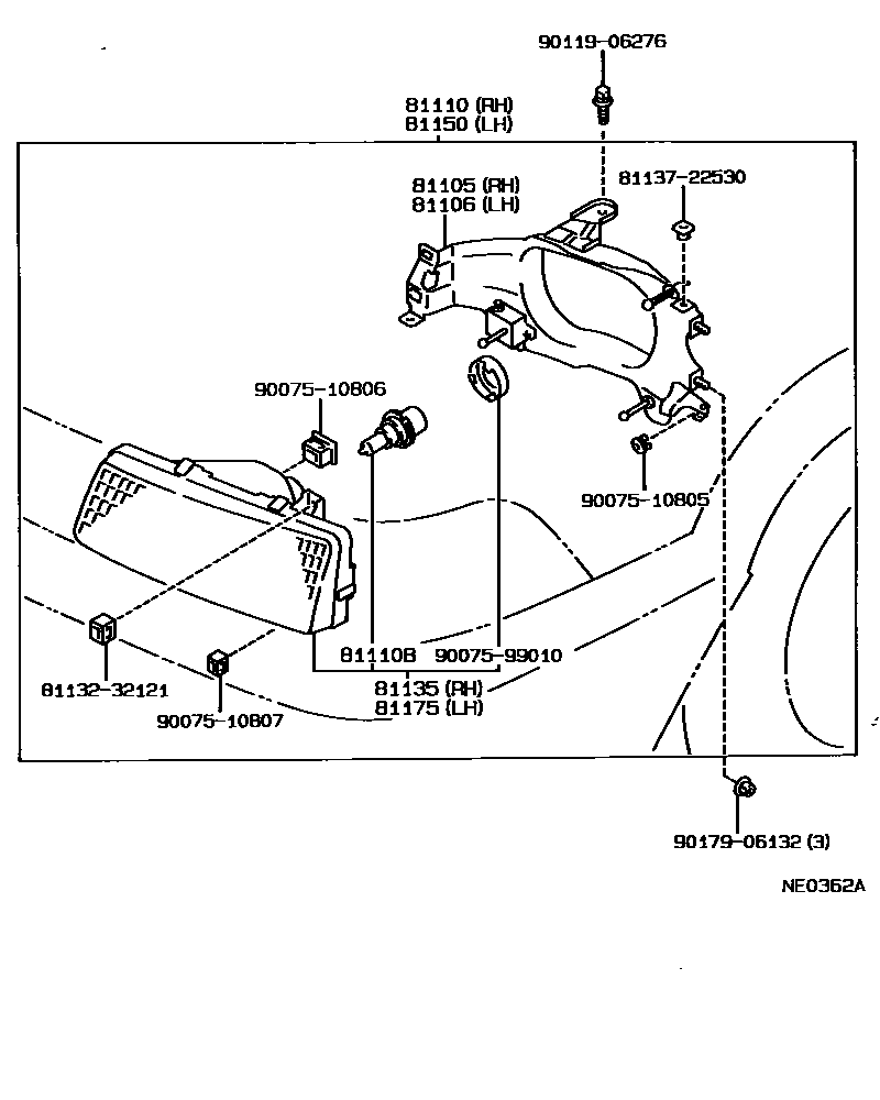 Toyota COROLLA Headlamp EPC diagram — NE0362A