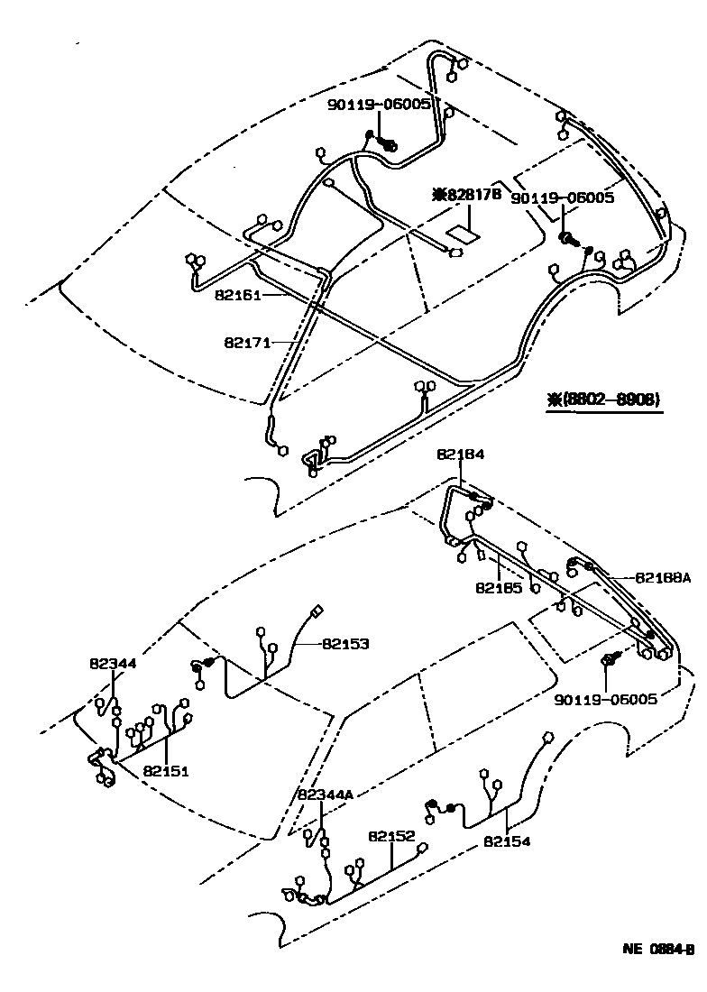 Toyota COROLLA 线束和卡夹 EPC diagram — NE0884B