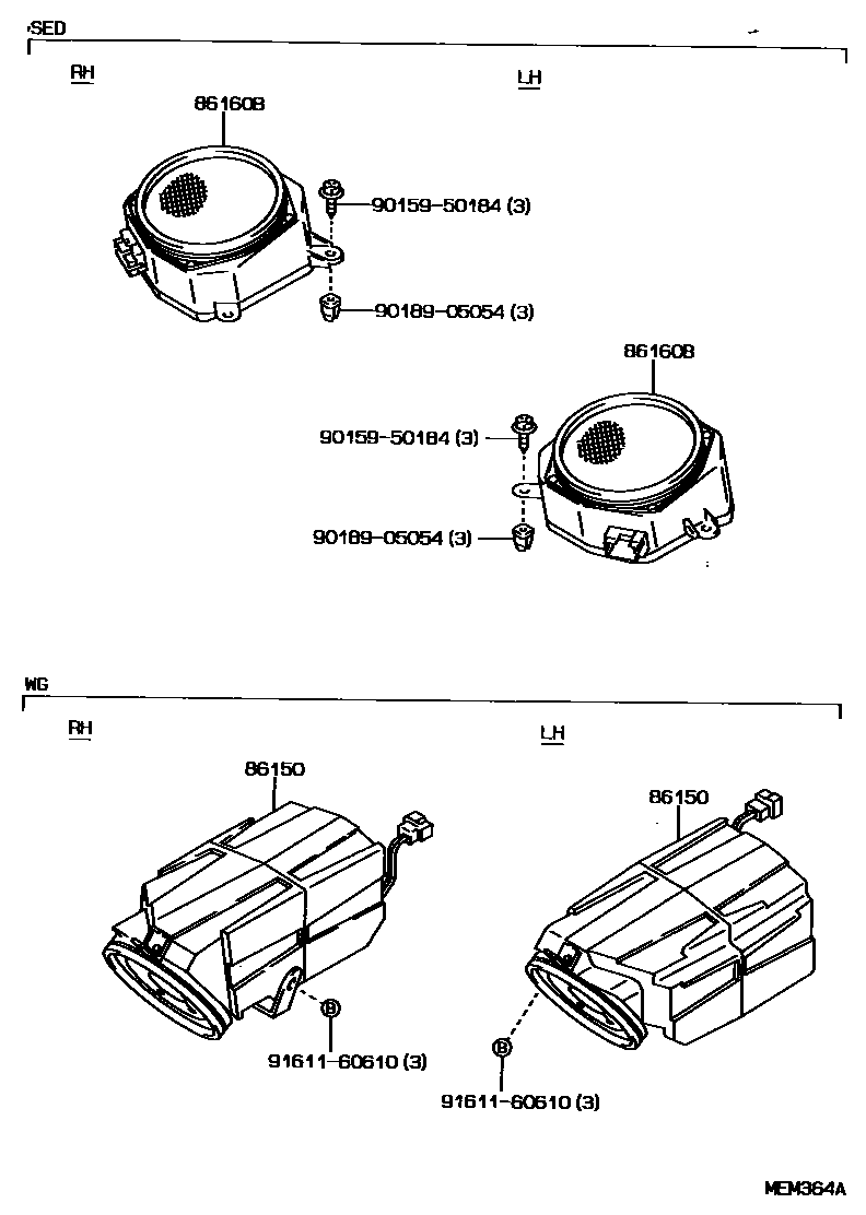 Toyota COROLLA 扬声器 EPC diagram — MEM364A