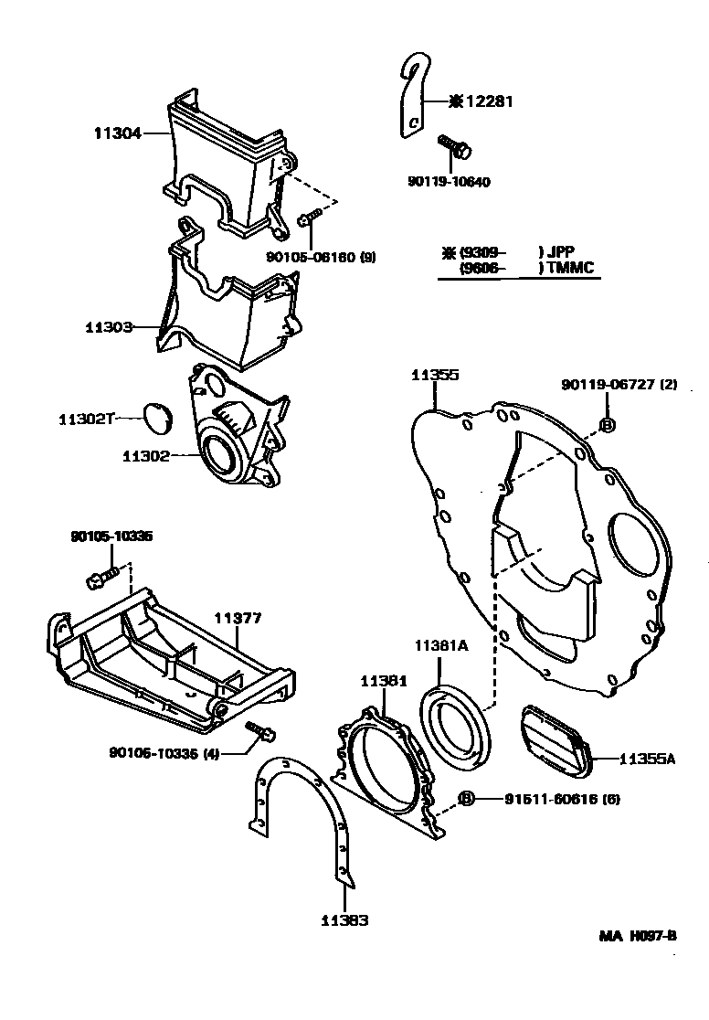 Toyota COROLLA Timing Gear Cover & Rear End Plate EPC diagram — MAH097B