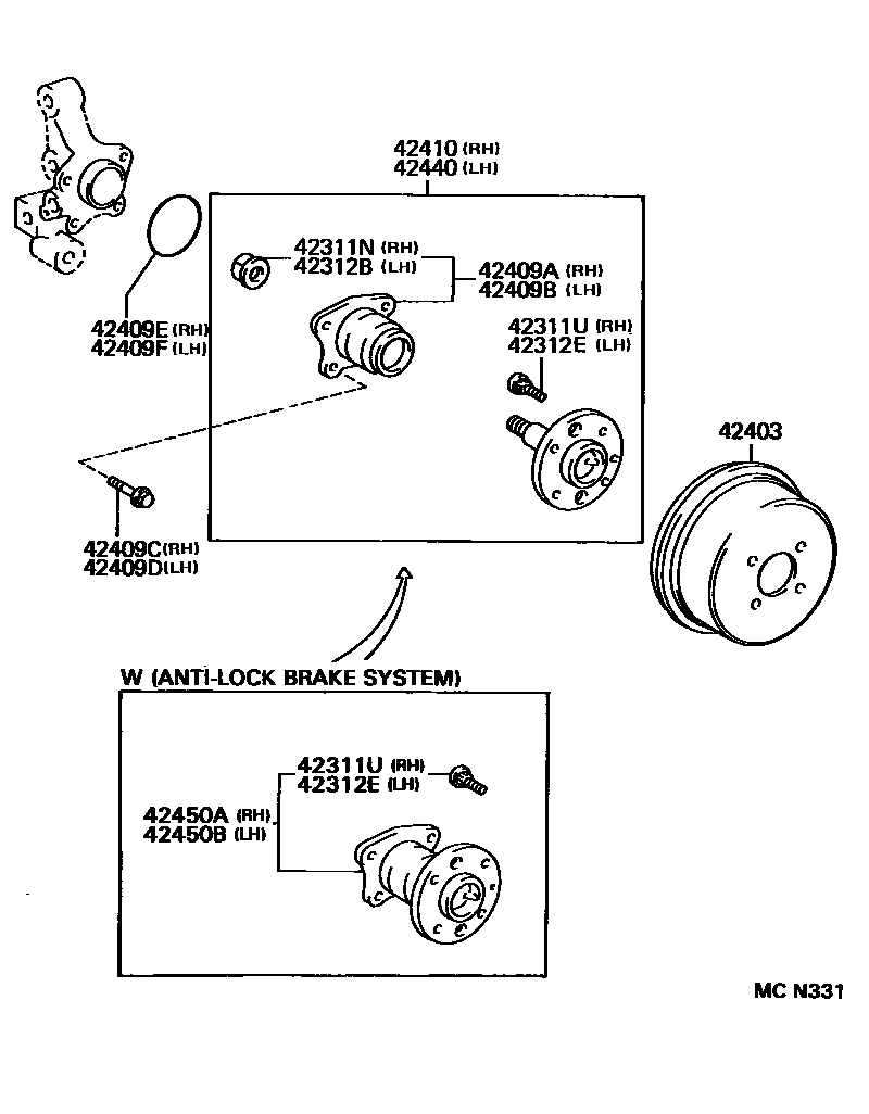 Toyota COROLLA 后桥半轴和后桥轮毂 EPC diagram — MCN331