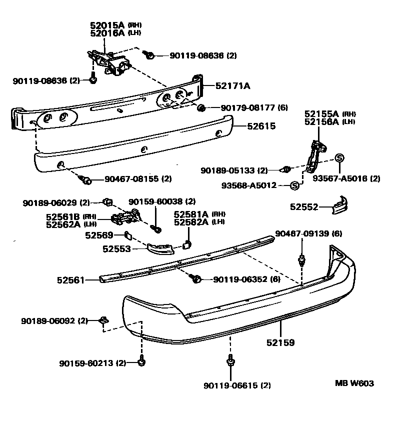 Toyota COROLLA 后保险杠及附件 EPC diagram — MBW603