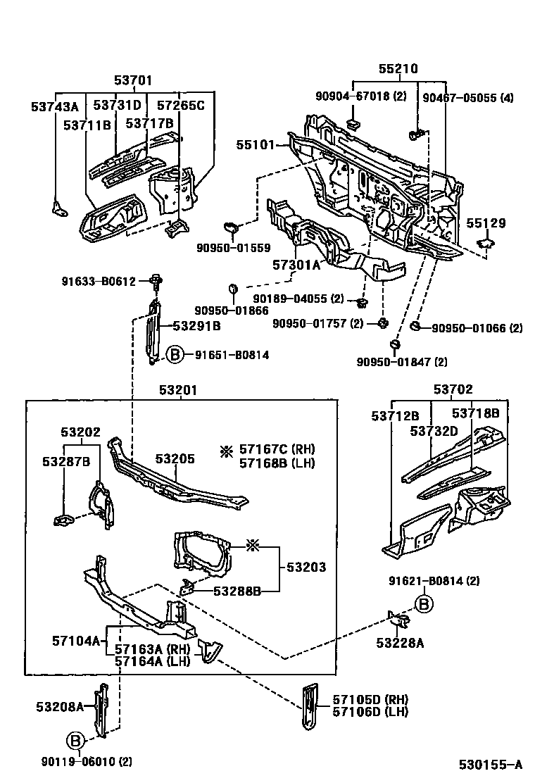 Toyota COROLLA 前翼子板挡泥板和前围板 EPC diagram — 530155A