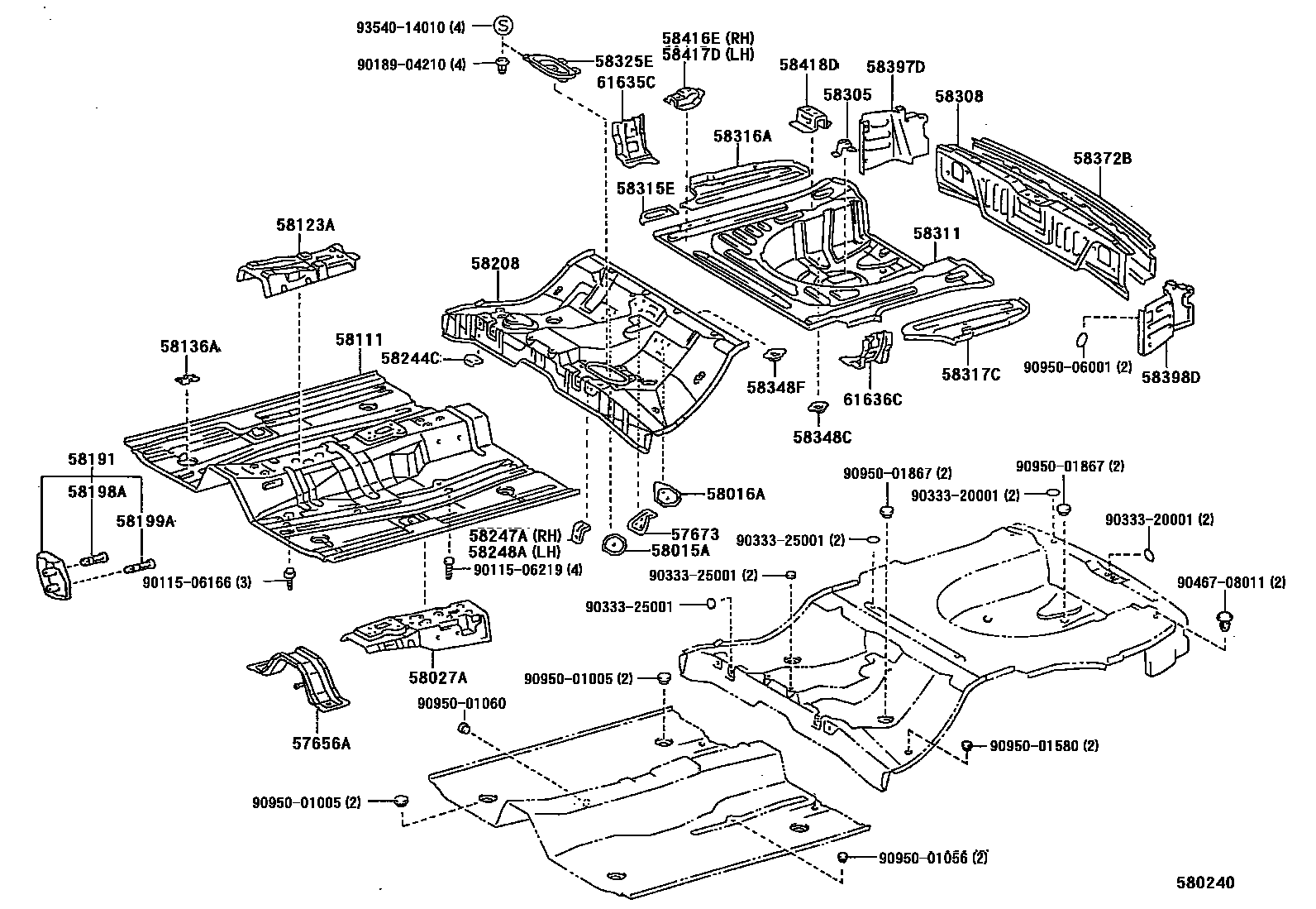 Toyota COROLLA 浅盘形地板和车身下背板 EPC diagram — 580240