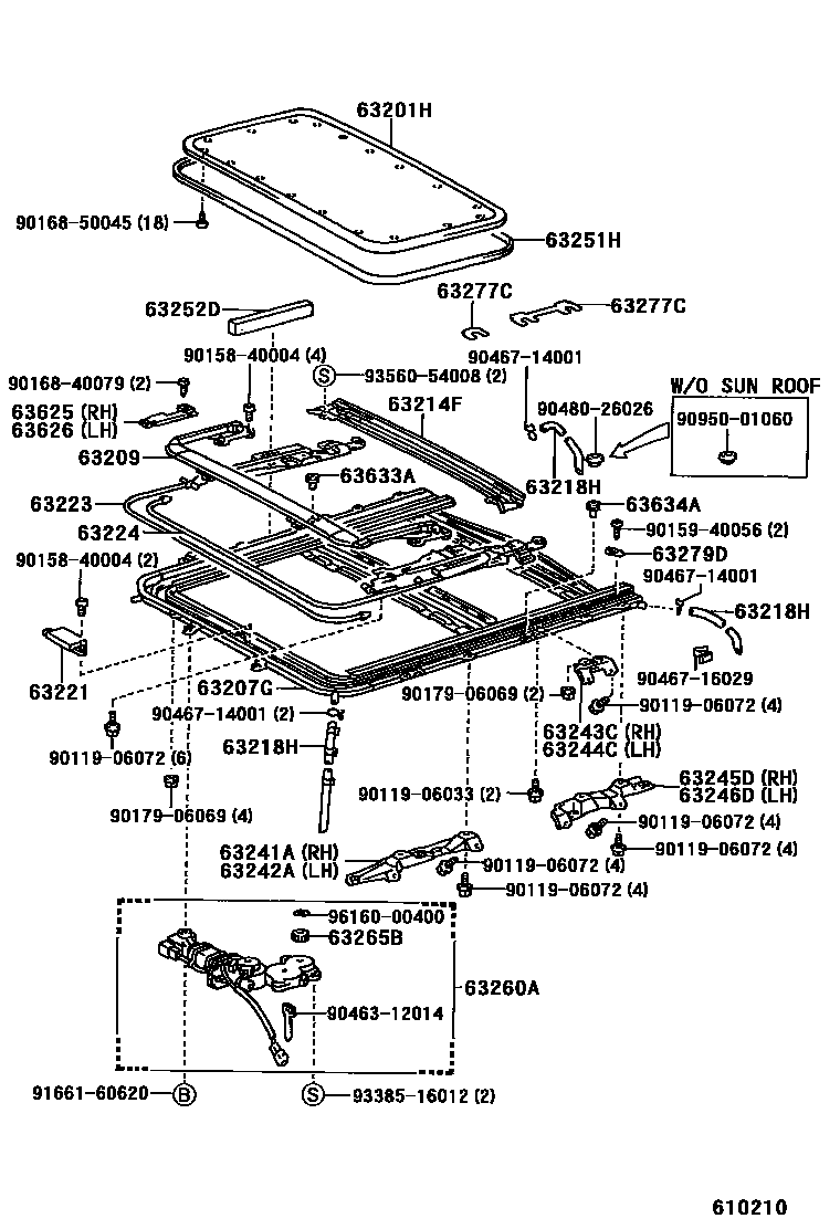 Toyota COROLLA 天窗板和背窗玻璃 EPC diagram — 610210