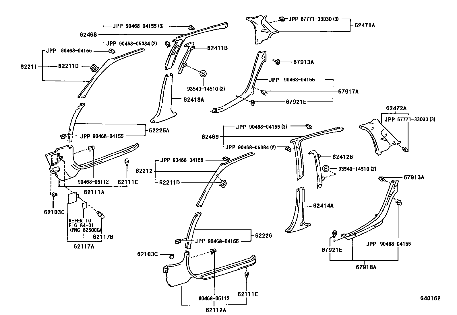 Toyota COROLLA 内饰板和车门防水胶条 EPC diagram — 640162