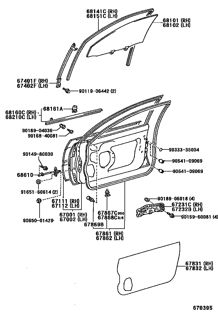 Toyota COROLLA 前门板和前门玻璃 EPC diagram — 670395