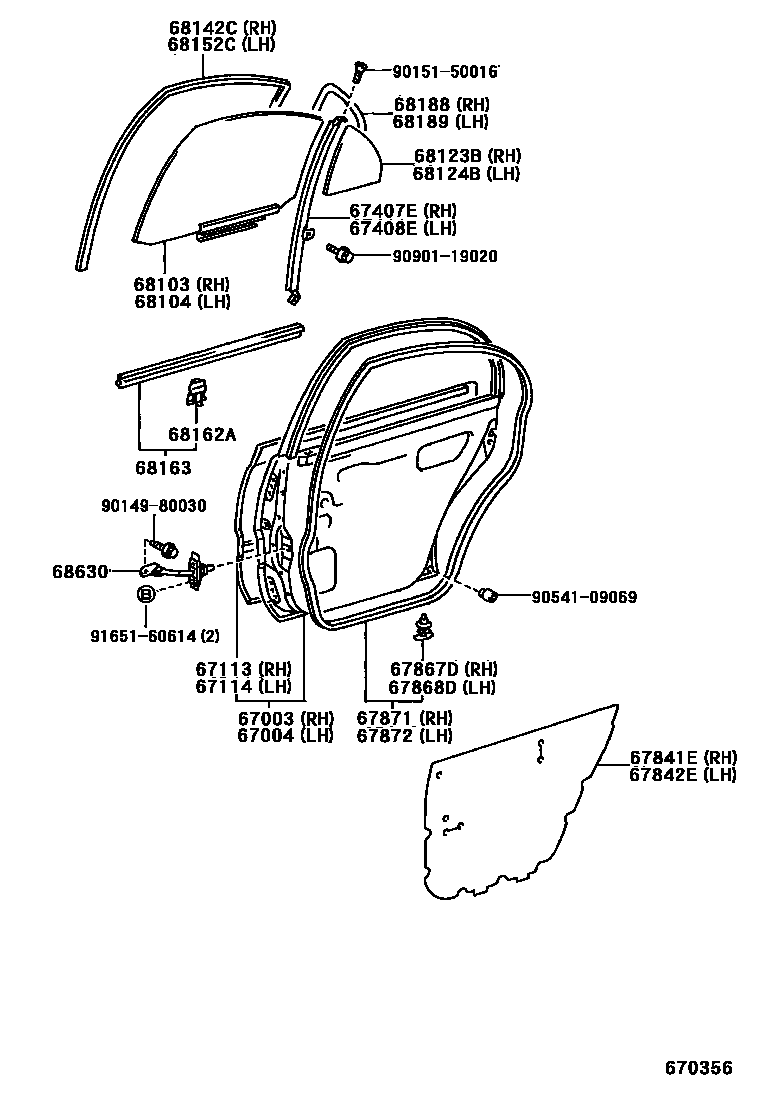 Toyota COROLLA 后门板和后门玻璃 EPC diagram — 670356