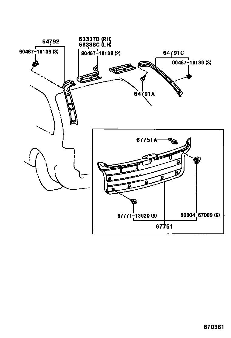 Toyota COROLLA 背门板和背门玻璃 EPC diagram — 670381