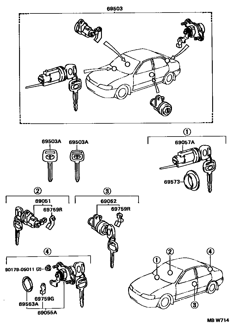Toyota COROLLA 锁芯组件 EPC diagram — MBW714