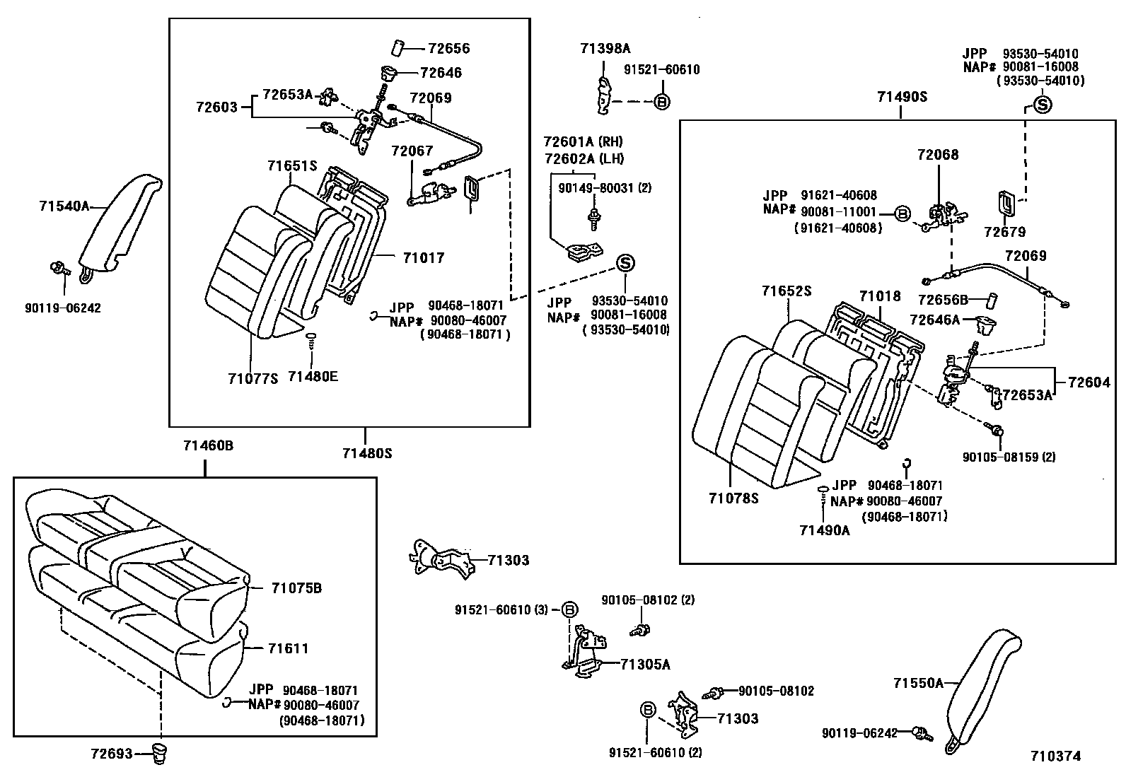 Toyota COROLLA 后排座椅和座椅滑轨 EPC diagram — 710374