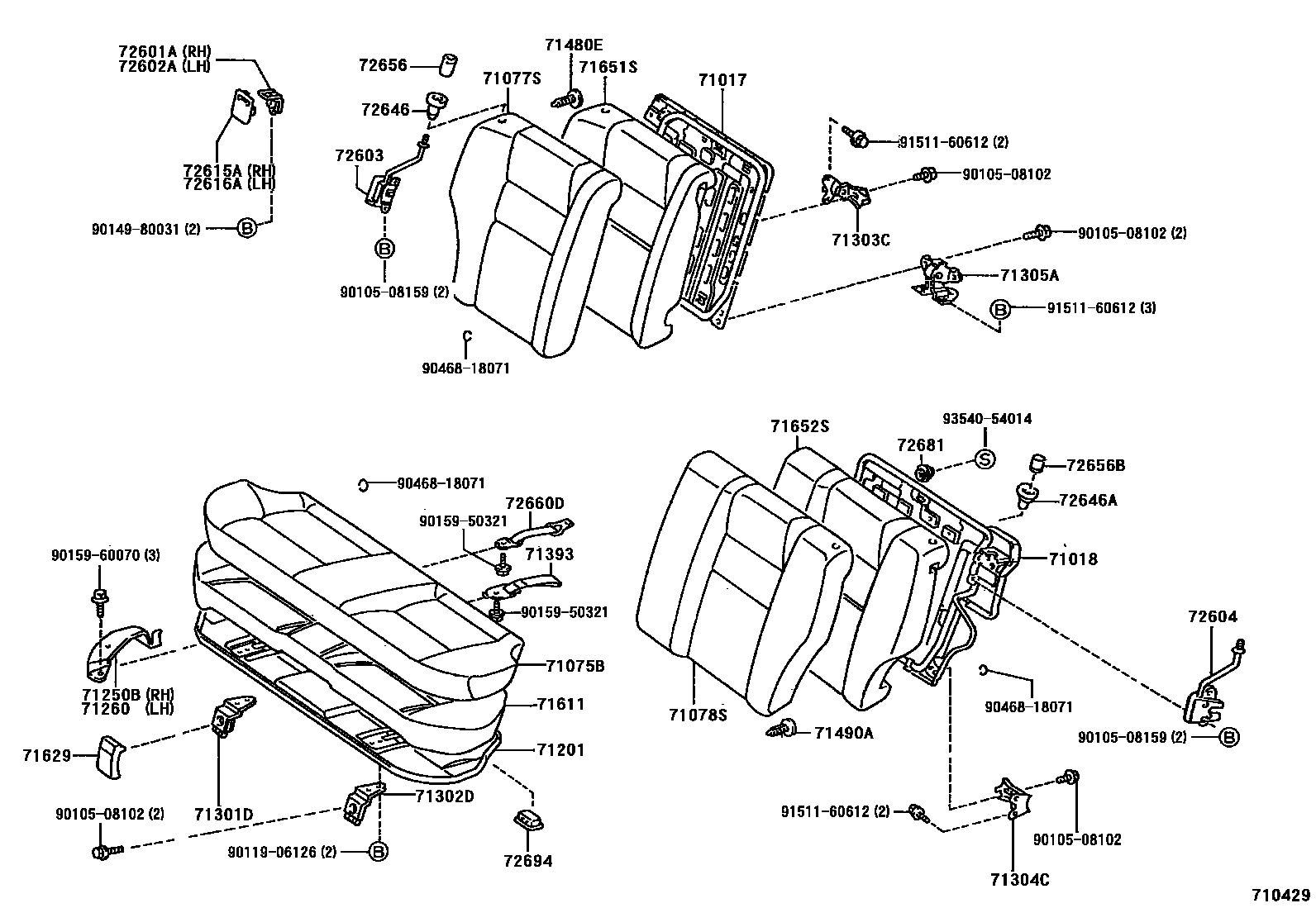 Toyota COROLLA 后排座椅和座椅滑轨 EPC diagram — 710429