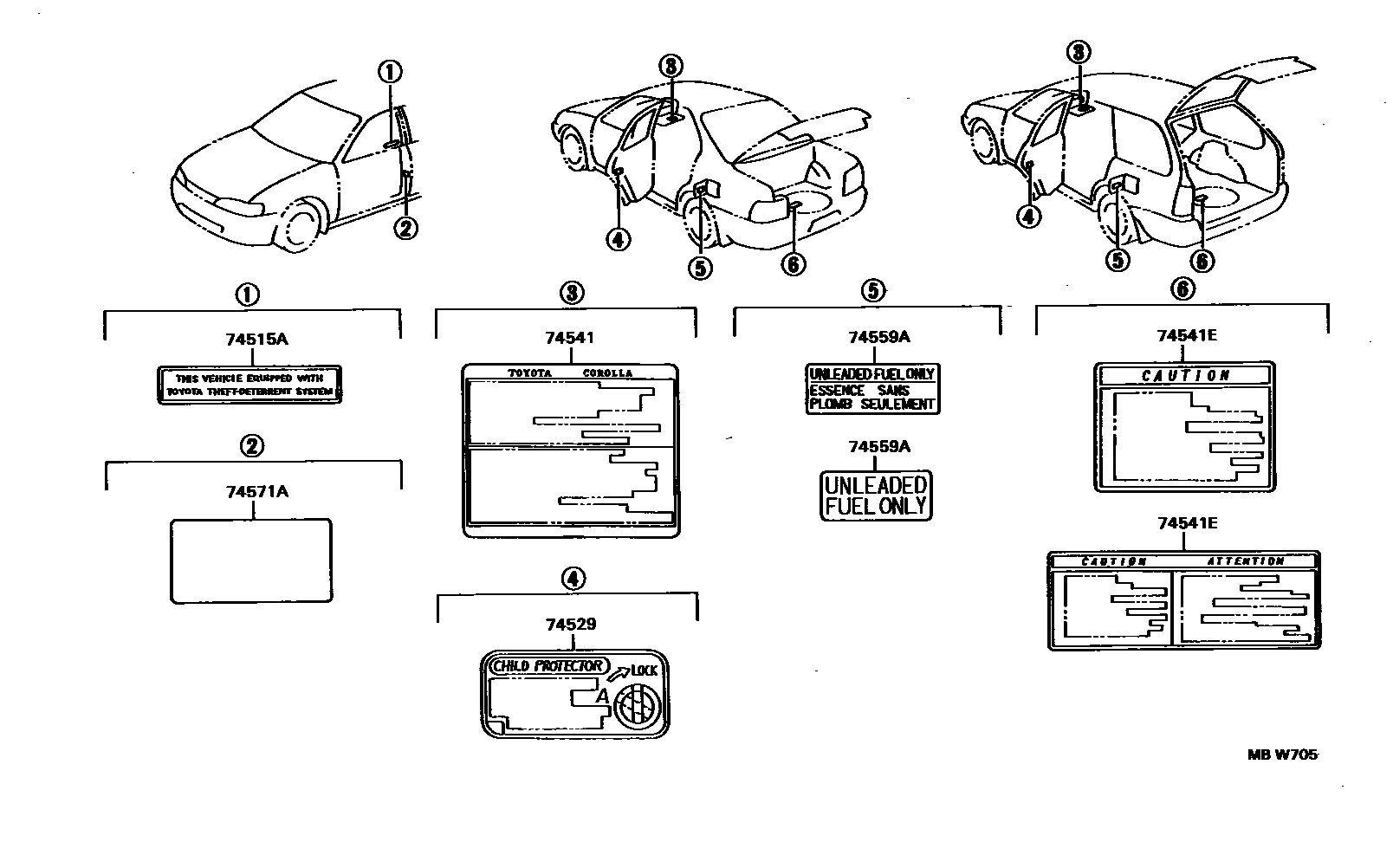 Toyota COROLLA 警示铭牌(车外和车内) EPC diagram — MBW705