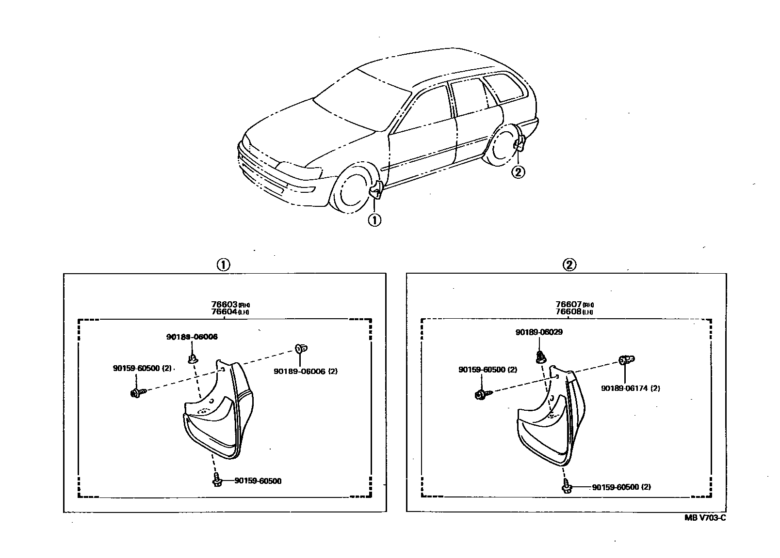 Toyota COROLLA 挡泥板和扰流板 EPC diagram — MBV703C