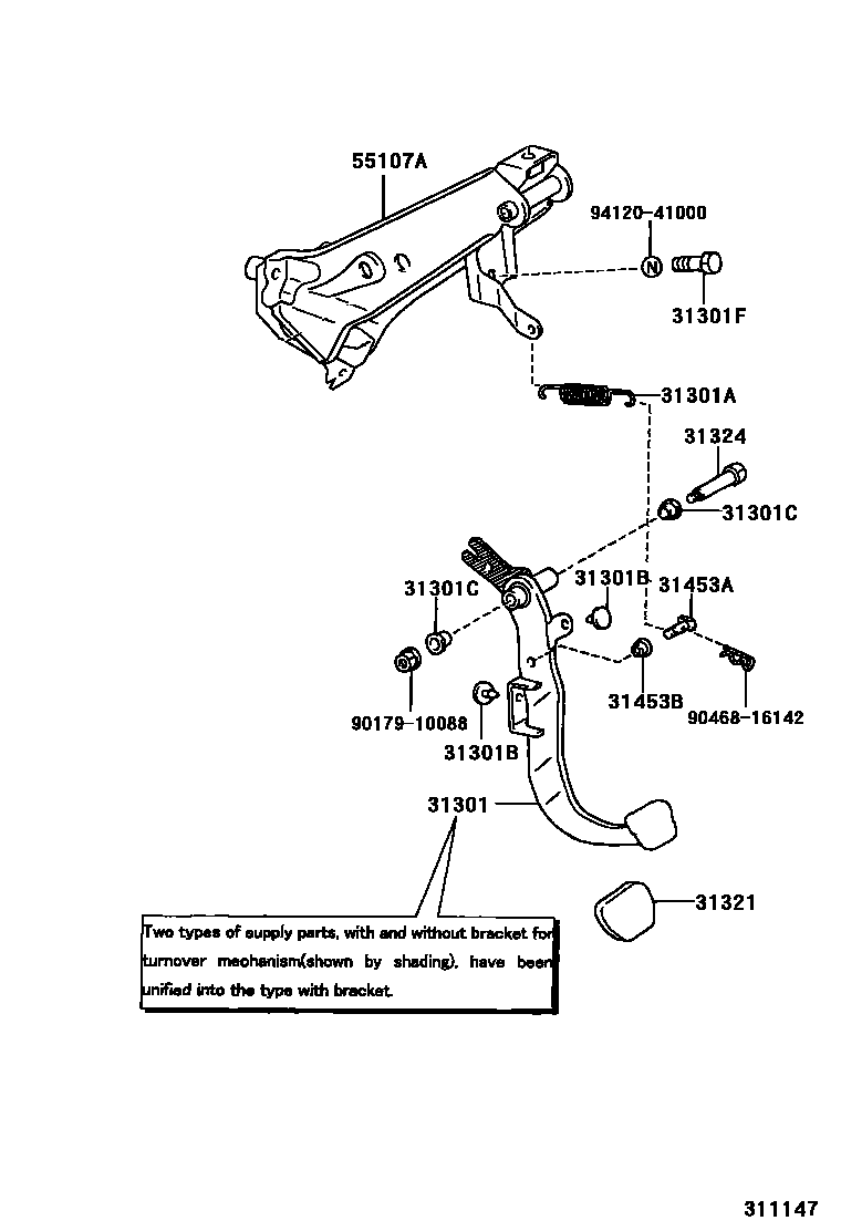 Toyota COROLLA 离合器踏板和挠性软管 EPC diagram — 311147
