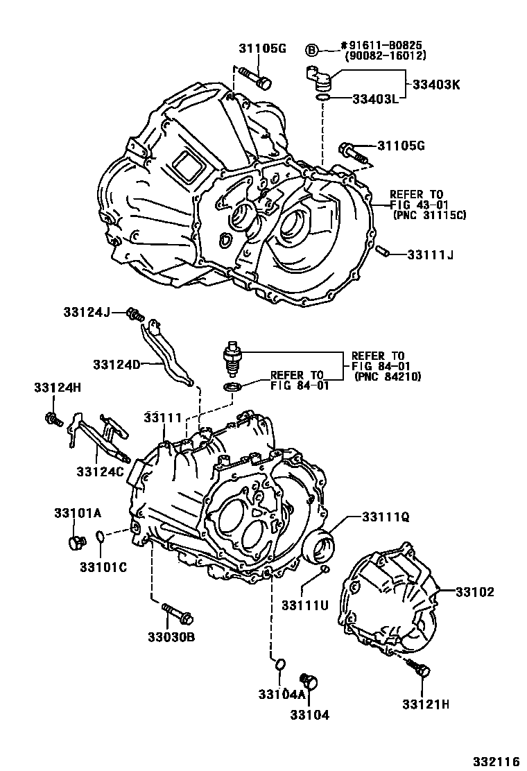Toyota COROLLA 离合器壳和变速器壳(MTM) EPC diagram — 332116