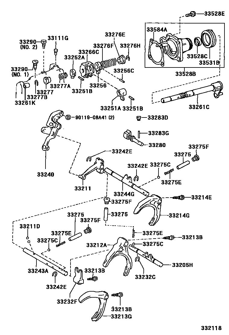 Toyota COROLLA 换档拨叉和换档杆轴(MTM) EPC diagram — 332118