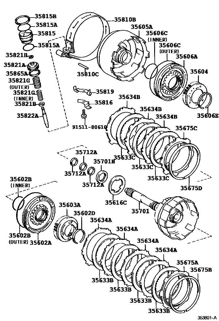 Toyota COROLLA 制动带和多片式离合器(ATM) EPC diagram — 353801A