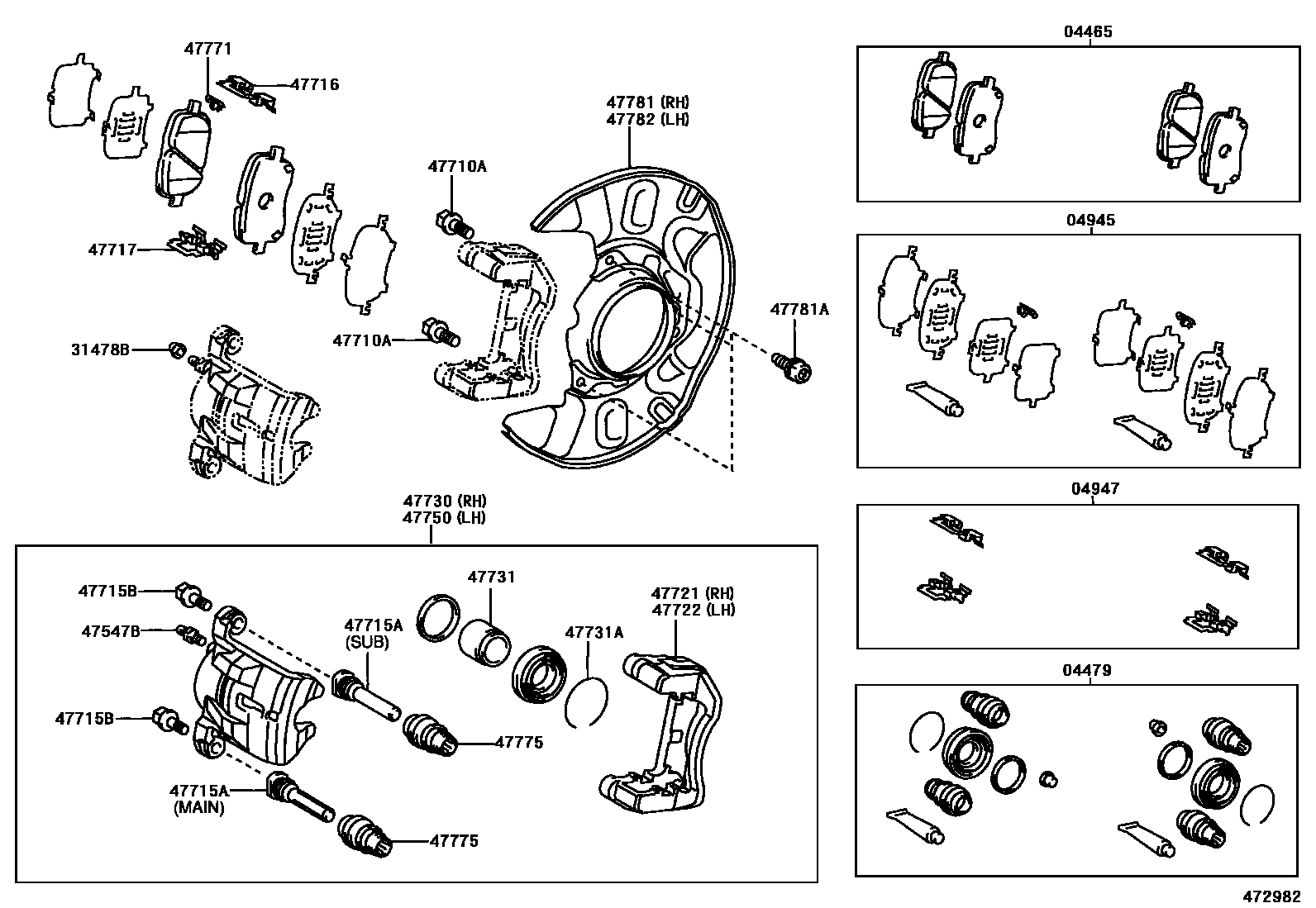 Toyota COROLLA 前盘式制动器卡钳和防尘罩 EPC diagram — 472982