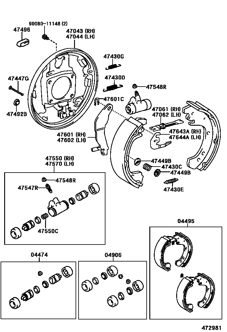 Toyota COROLLA 后鼓式制动器分泵和底板 EPC diagram — 472981