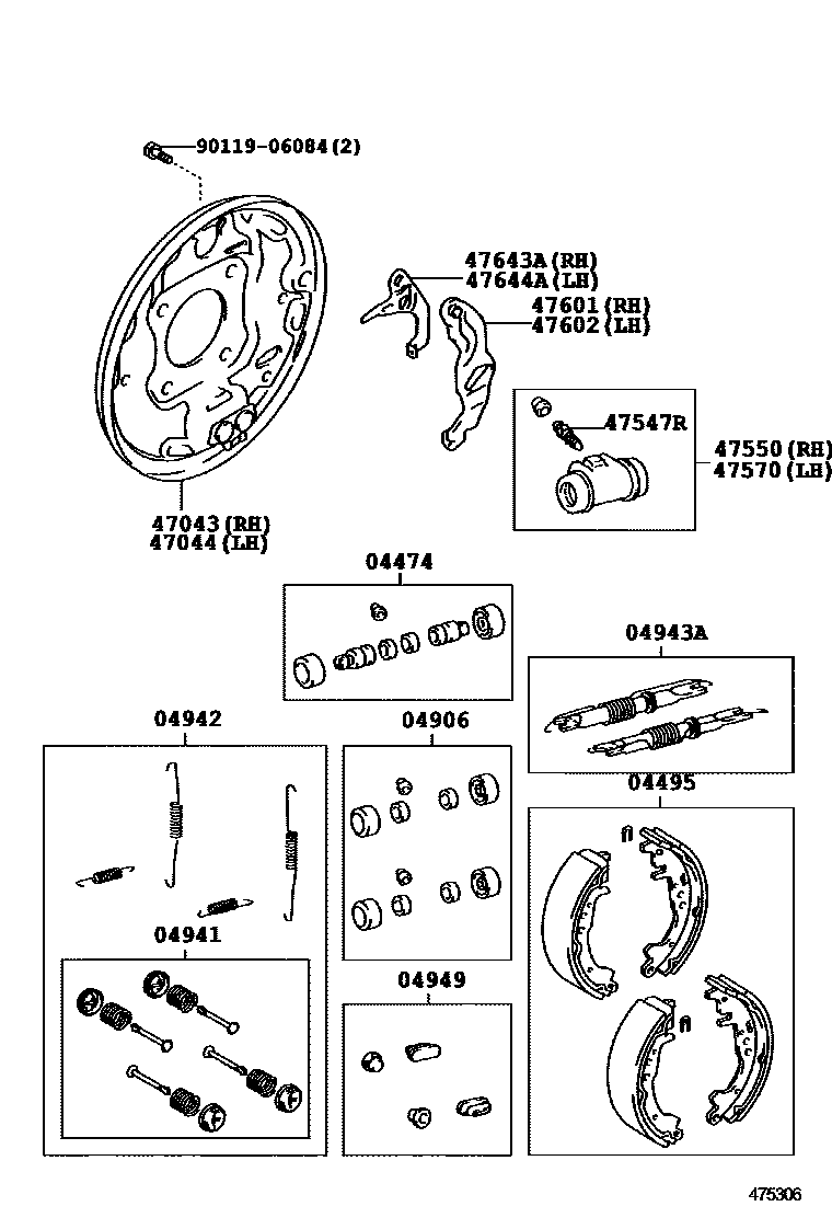 Toyota COROLLA 后鼓式制动器分泵和底板 EPC diagram — 475306