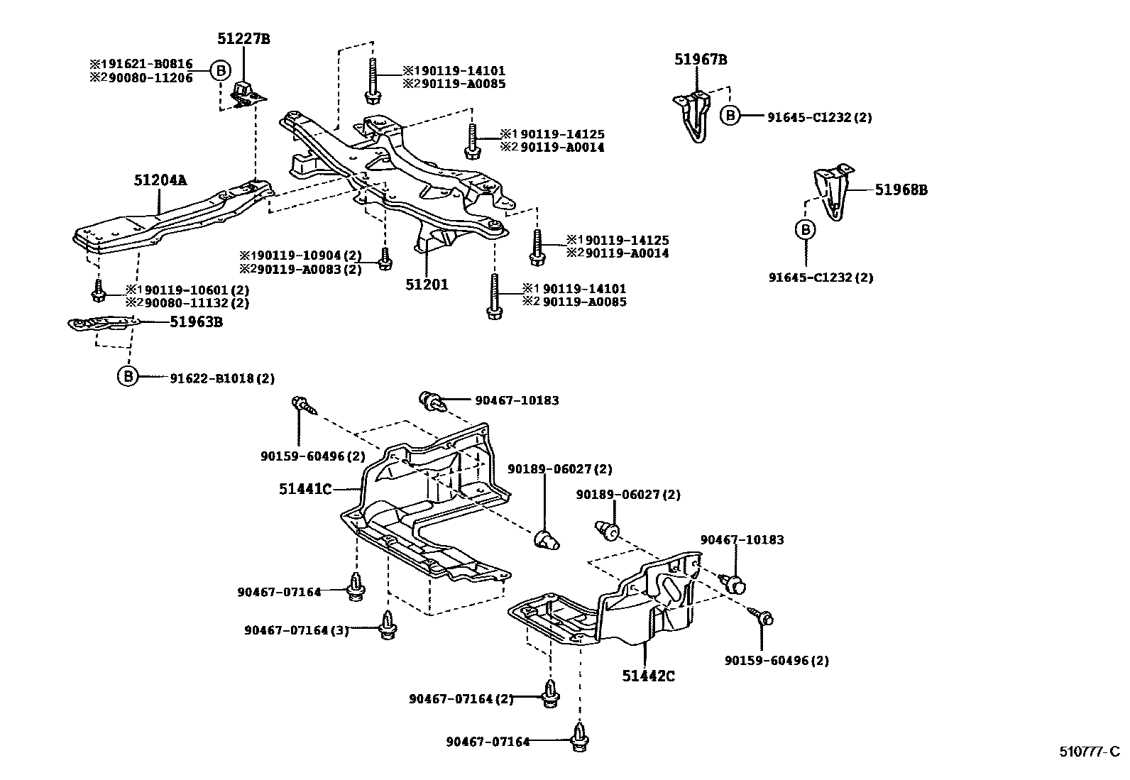 Toyota COROLLA 悬架横梁和发动机底罩 EPC diagram — 510777D