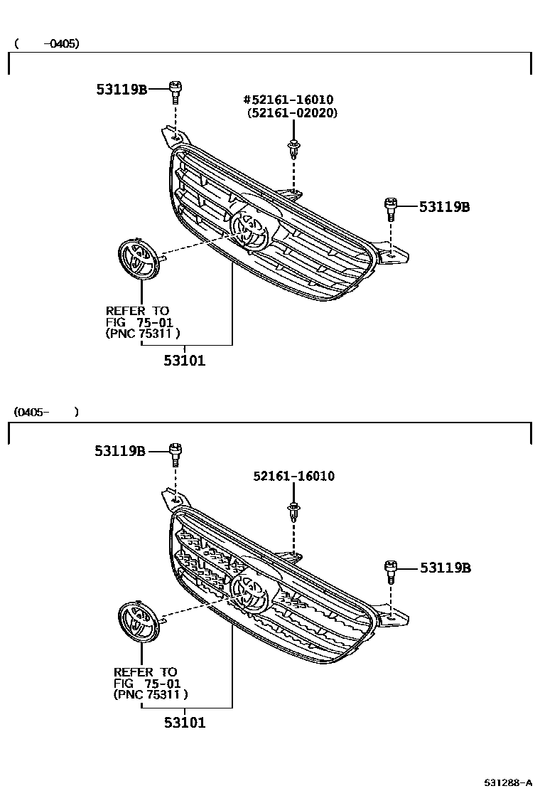 Toyota COROLLA radiator grille EPC diagram — 531288A