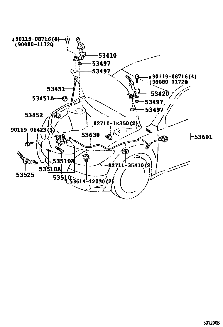 Toyota COROLLA 发动机盖锁和铰链 EPC diagram — 531290B