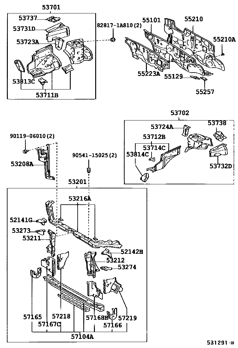 Toyota COROLLA 前翼子板挡泥板和前围板 EPC diagram — 531291B