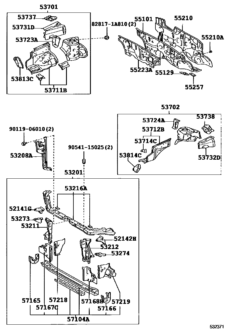 Toyota COROLLA 前翼子板挡泥板和前围板 EPC diagram — 532371