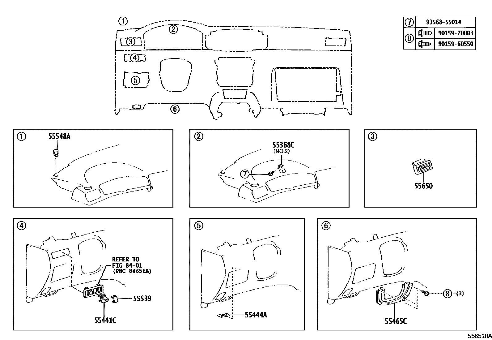 Toyota COROLLA 仪表板和手套箱 EPC diagram — 556518A